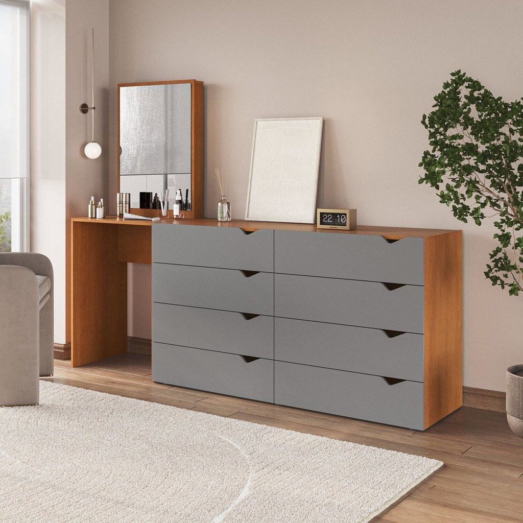 Cômoda para Quarto 8 Gavetas com Espelho Porto Cinza/Freijó Cinza/Freijó