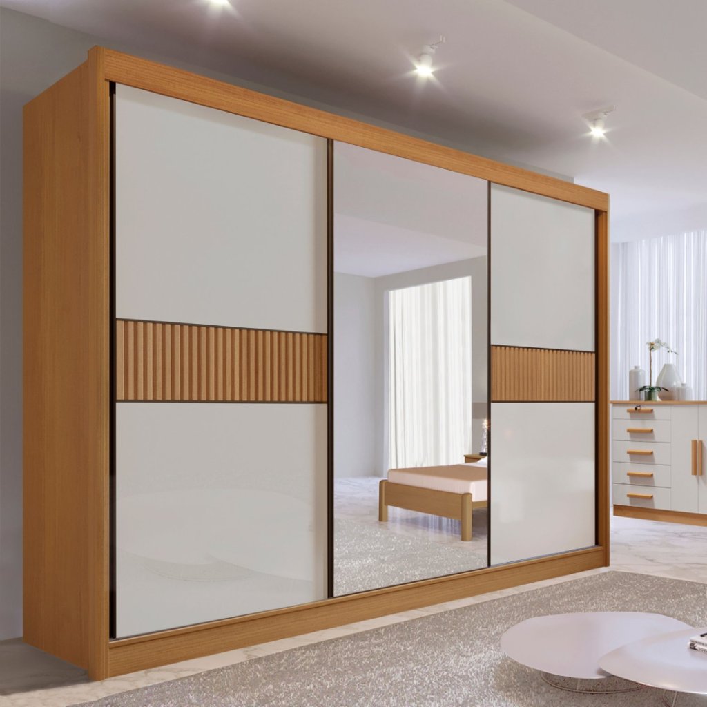 Guarda-Roupa Casal MDF com Espelho 3 Portas 6 Gavetas Miami Ripado Marrom/Cinamomo/Off White Cinamomo/Off White