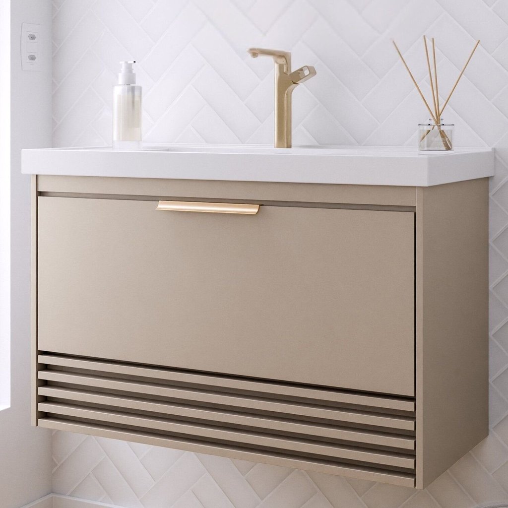 Gabinete para Banheiro 80cm com 1 Porta 1 Gaveta e Cuba de Embutir Paraty Cappuccino