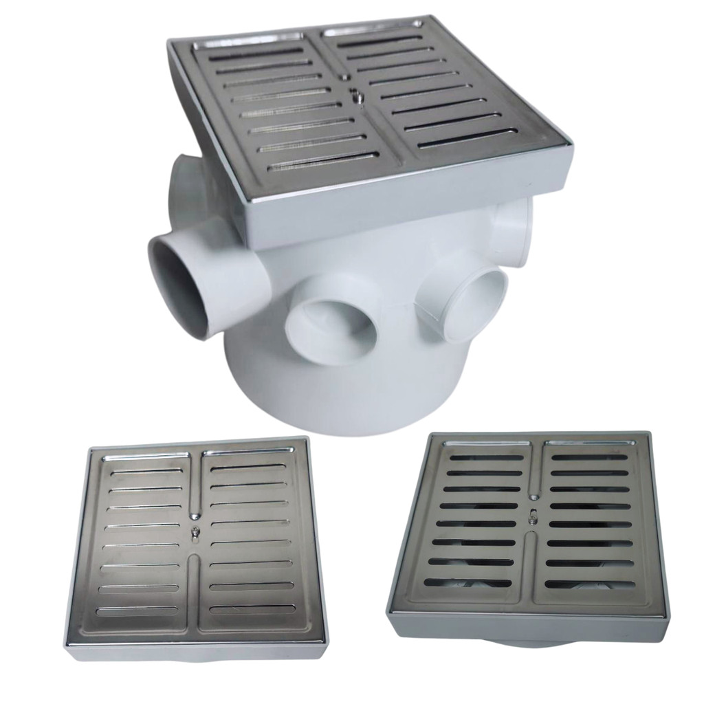 Ralo de Banheiro 15x15 Inox Abre Fecha Veneziana 15x15 Base Cinza e Caixa Sifonada 150mm