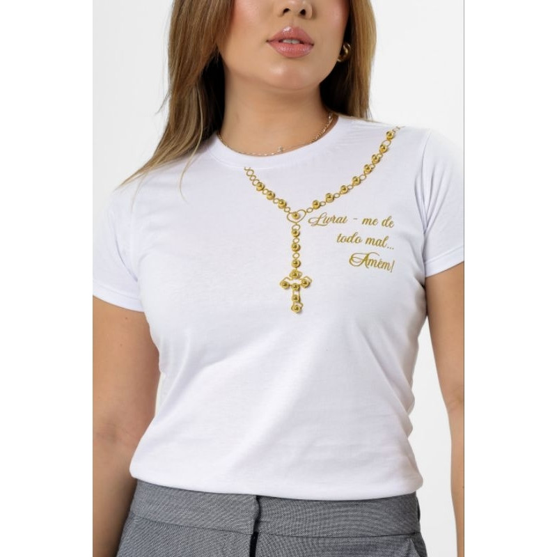 [Camiseta Premium em Algodão Puro]CC Blusa T-Shirts  religiosa Livrai me dê todo o mal Amém perolas