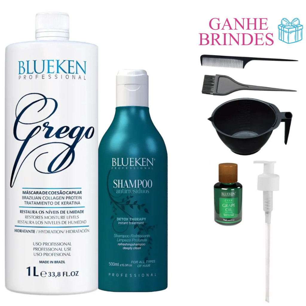 Blueken Escova Progressiva Gloss Grego 1L e Shampoo Antirresíduo 500ml
