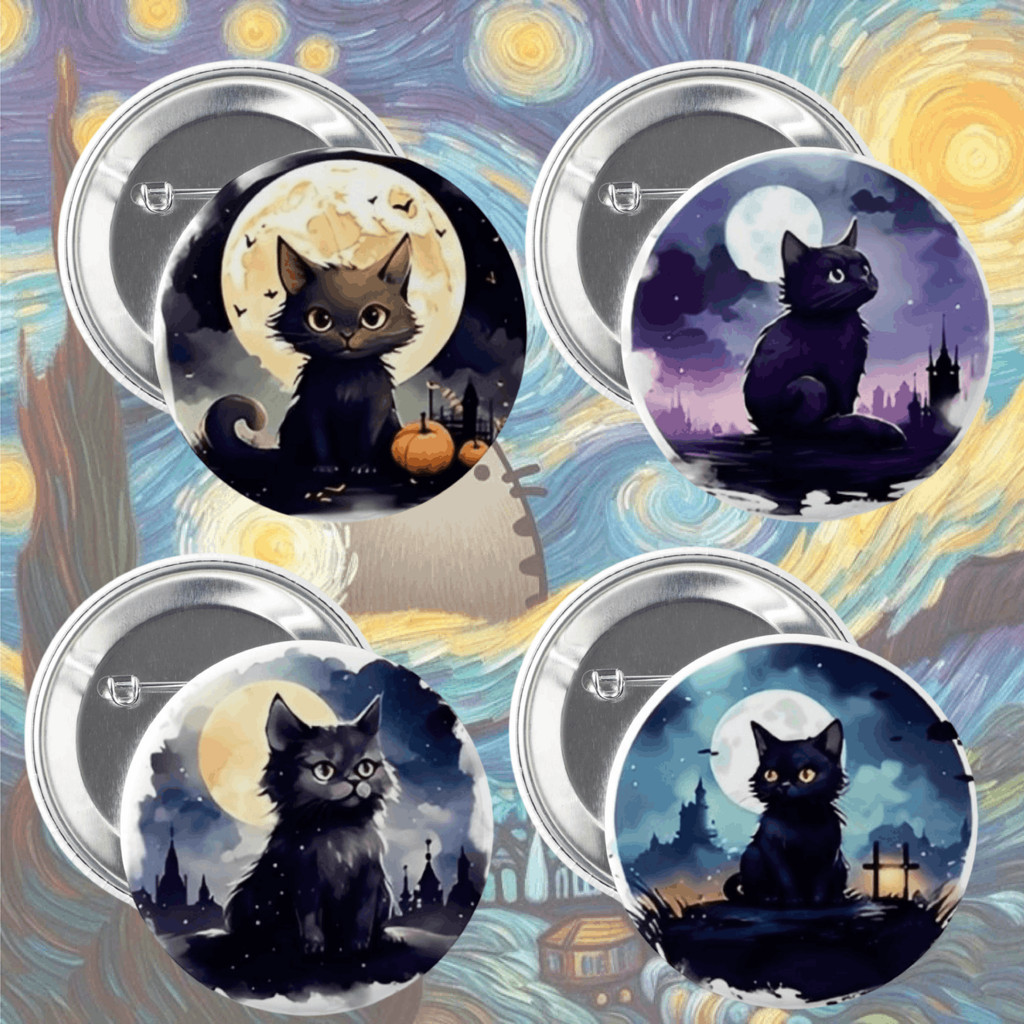 Kit 4 Bottons Gato Preto Kawaii Fofo Broche Pin Alfinete Boton  Escolar Mochila Bolsa 3,5mm/5,5mm