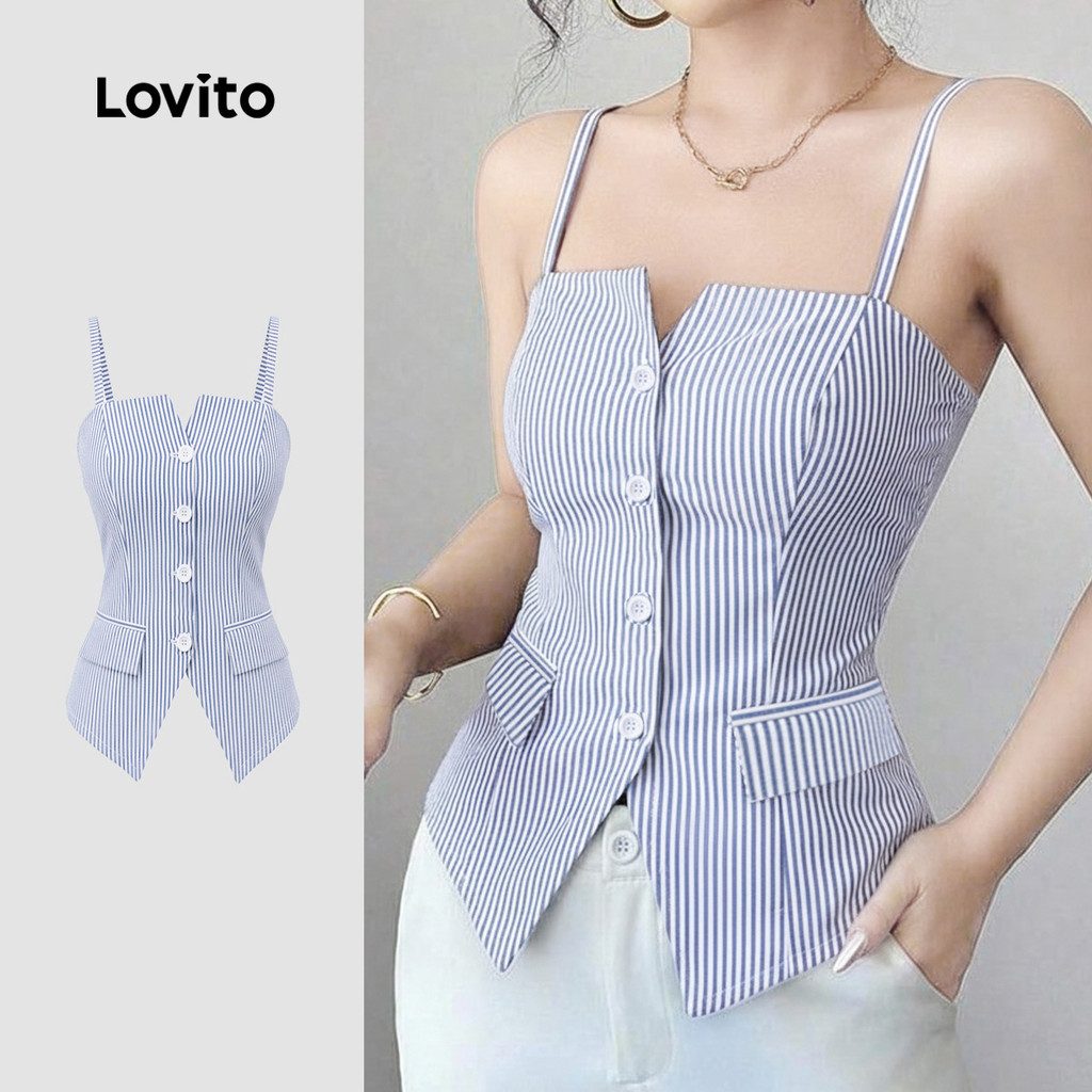 Lovito Elegante botão superior frontal bolso falso primavera/verão top azul para