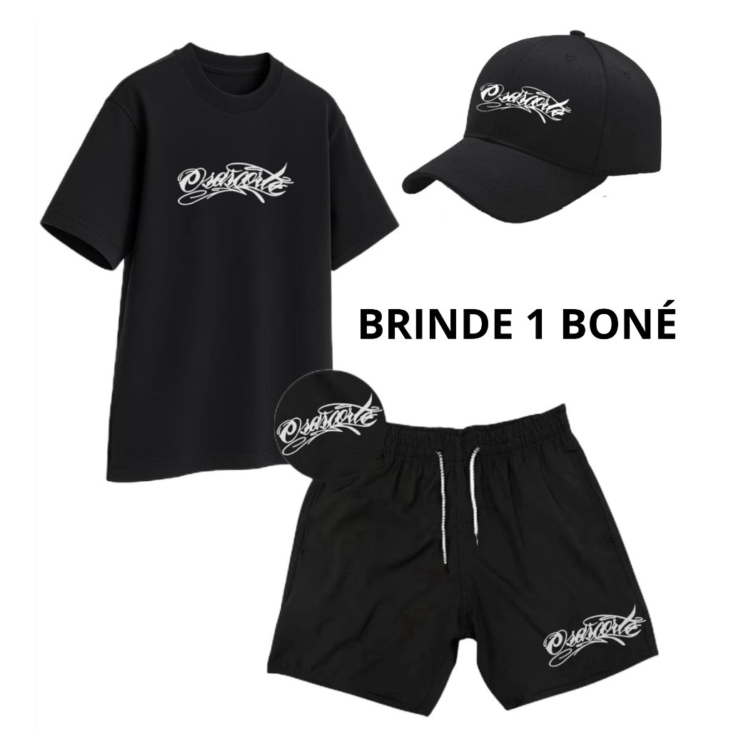 Kit Masculino Bermuda Tactel Elastano + Camiseta Algodão + Boné Brinde Lançamento Casual