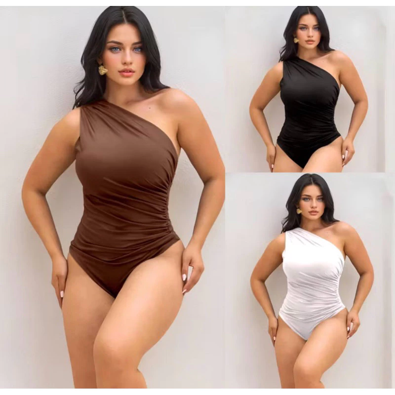 Body Suplex Feminina drapeado Plissado Manca Regata Com Forro Um Ombro mula Tecido Grosso lançamento — imagem 1
