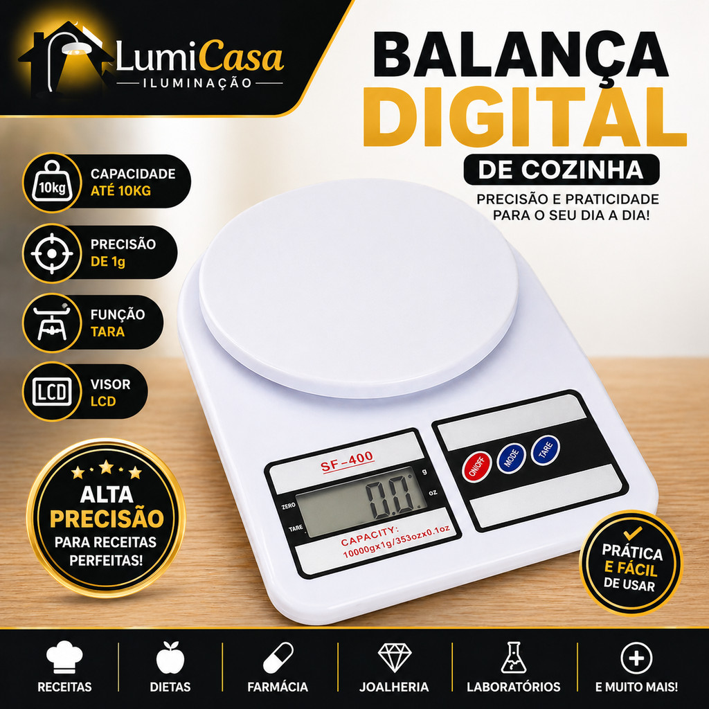 Balança Digital Cozinha 10kg Precisão 1g LCD com Tara Portátil para Alimentos
