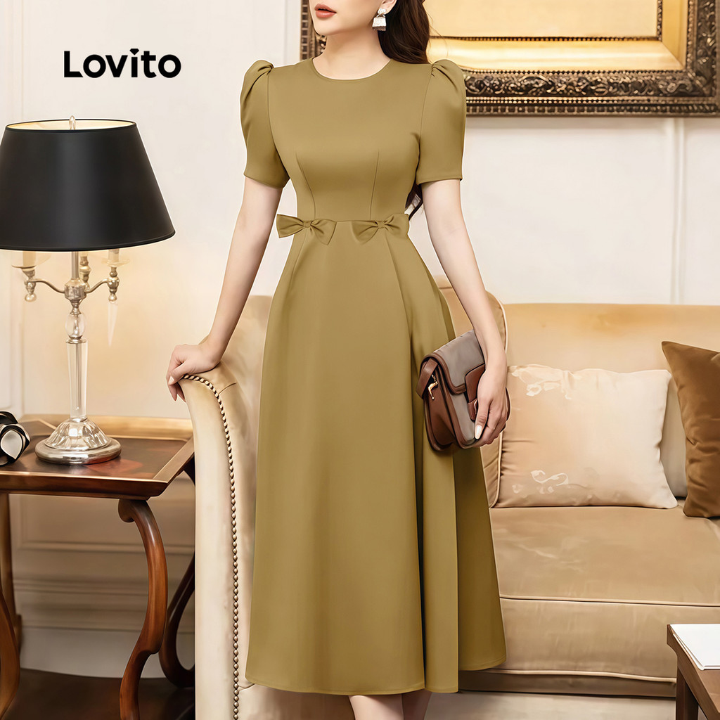 Lovito Vestido Elegante com Zíper e Laço Primavera/verão Marrom para Mulheres L177ED207