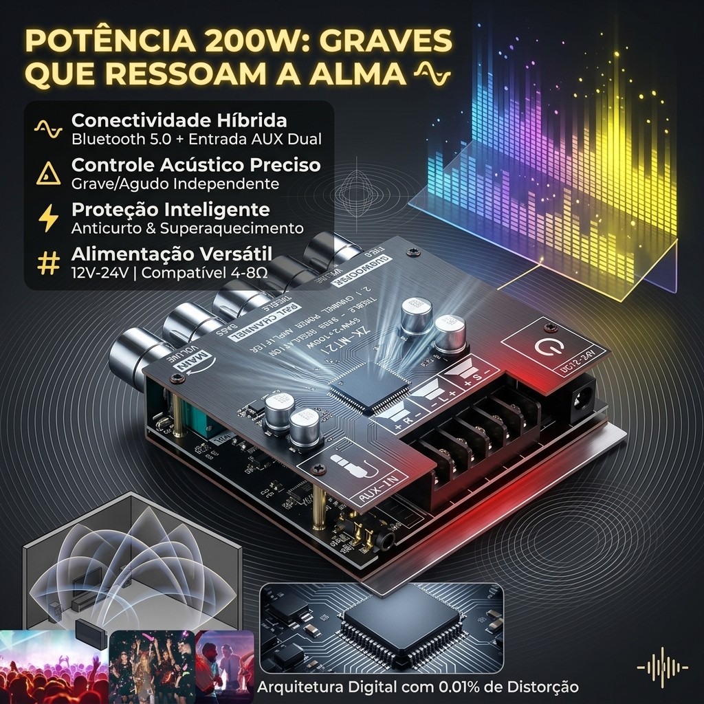 Placa Amplificadora Bluetooth 5.0 Zk-mt21 2.1 Canais 200w Hi-fi Subwoofer Graves Potentes 12v 24v