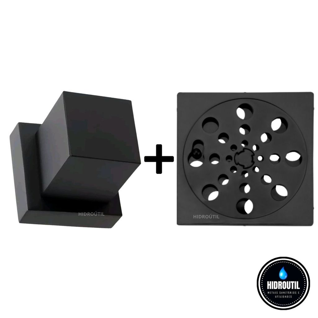 Kit Acabamento Quadrado Preto ABS Padrão Deca Ralo Quadrado Antiodor ABS 15x15