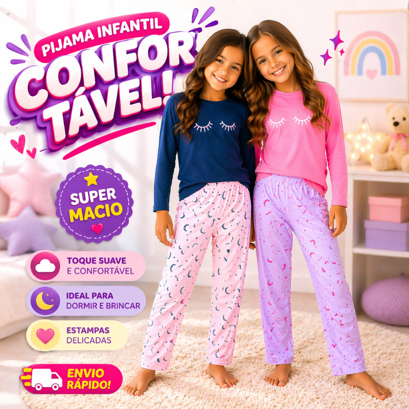 Pijama Infantil Feminino Longo Poliéster Super Confortável Macio Menina Roupa de Dormir Promoção |804| Oferta