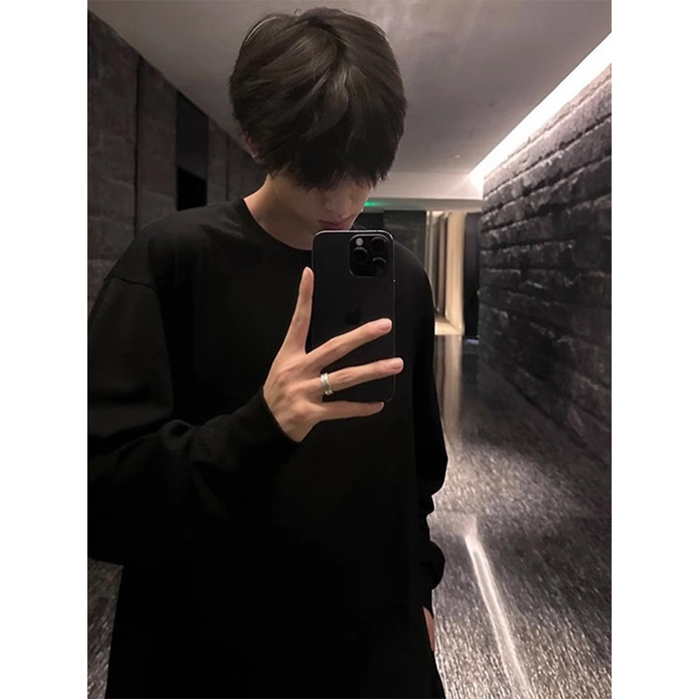 300g pesado preto puro algodão camiseta masculina street Wear High street manga comprida Undershirt penteado algodão peq