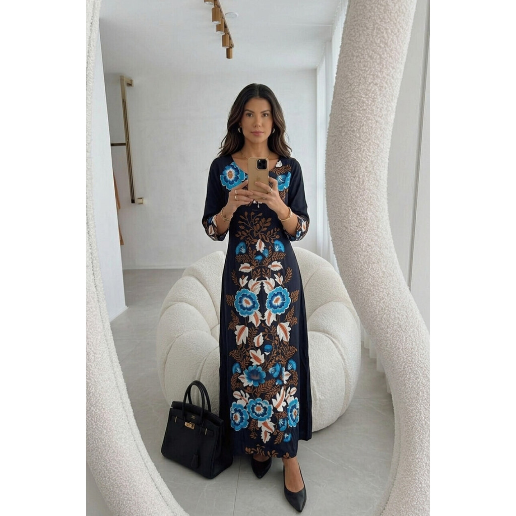 Vestido Longo Boho Preto com Estampas Florais Coloridos-MHIN-332