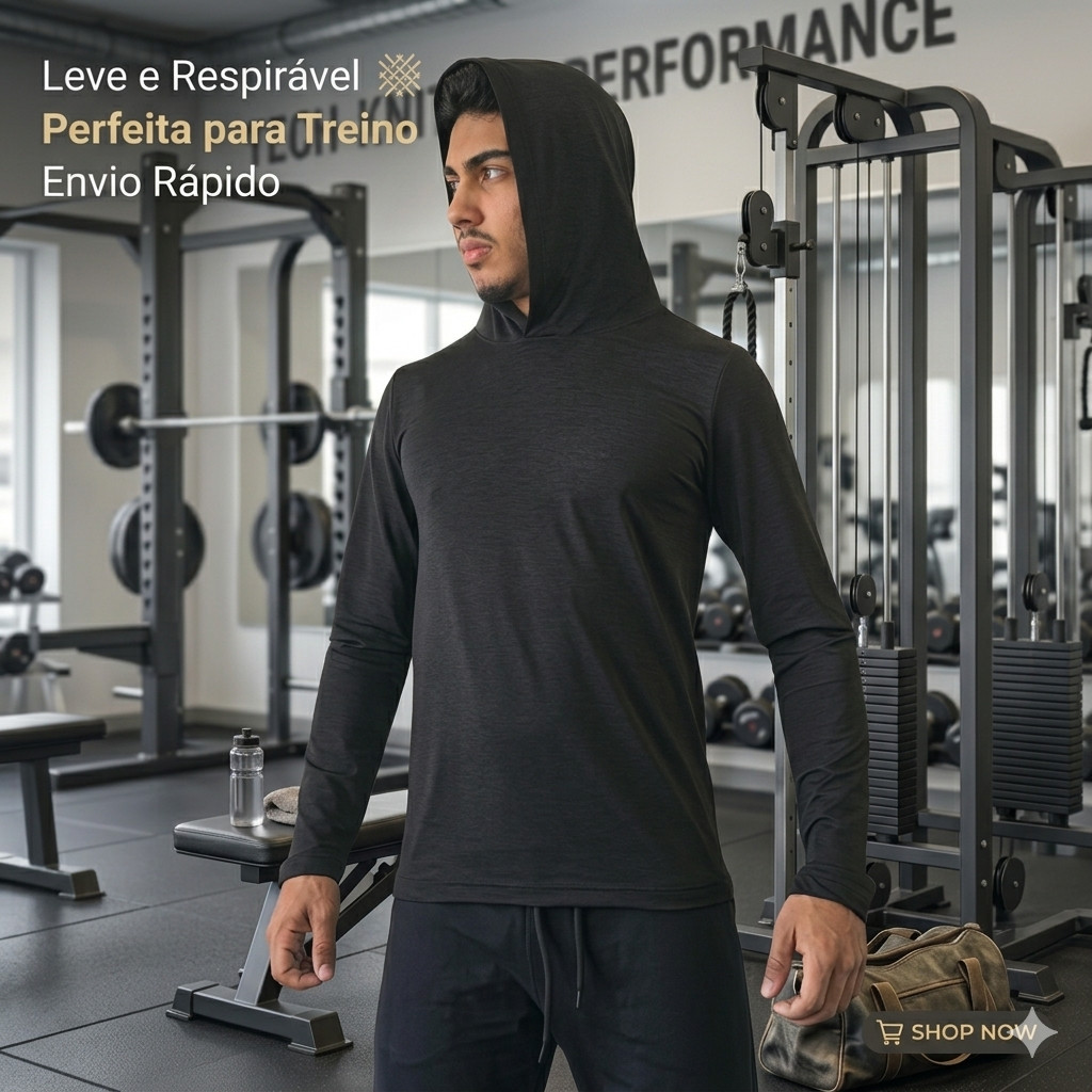 Camiseta Manga Longa Com Capuz Masculina Malha Fria Dry Fit Academia Treino