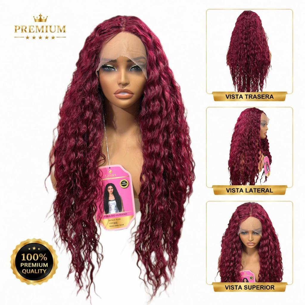 Top Hair Peruca Lace Front 13×6 Repartição fixa Cacheada Vinho Borgonha Colorida Com Divisão Central Fibra Bio Humana