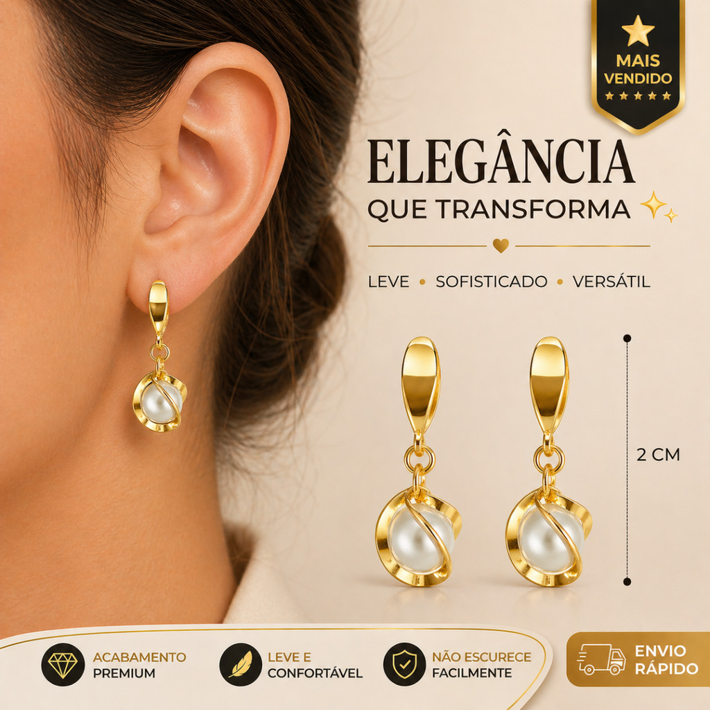 Brinco Feminino Dourado com Pérola Elegante Delicado Folheado a Ouro - Pingente Leve