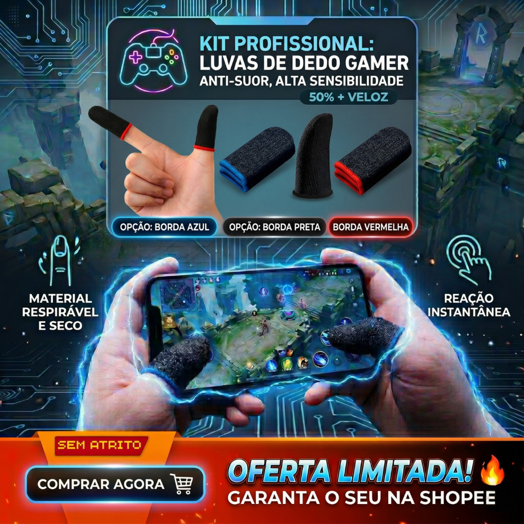 2/4/6 Luva De Dedo Gamer Anti Suor Fibra De Carbono Profissional Preta, Azul ou Vermelha
