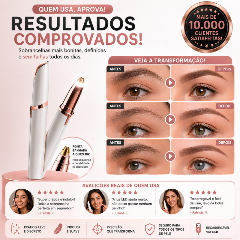 Caneta Depiladora Sobrancelha Elétrica USB Indolor Flawless Aparador Facial com Luz LED
