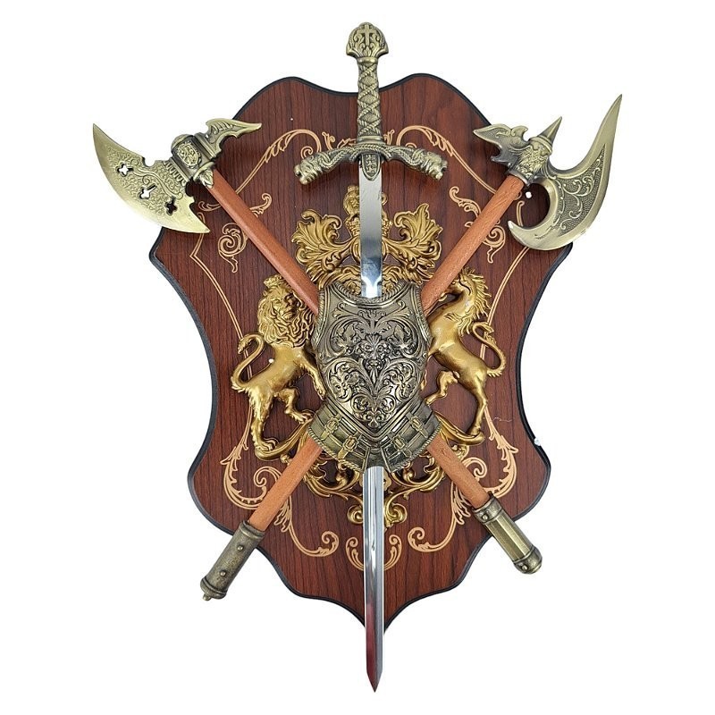 Escudo Brasão Medieval com Machados e E-Spada Decorativa