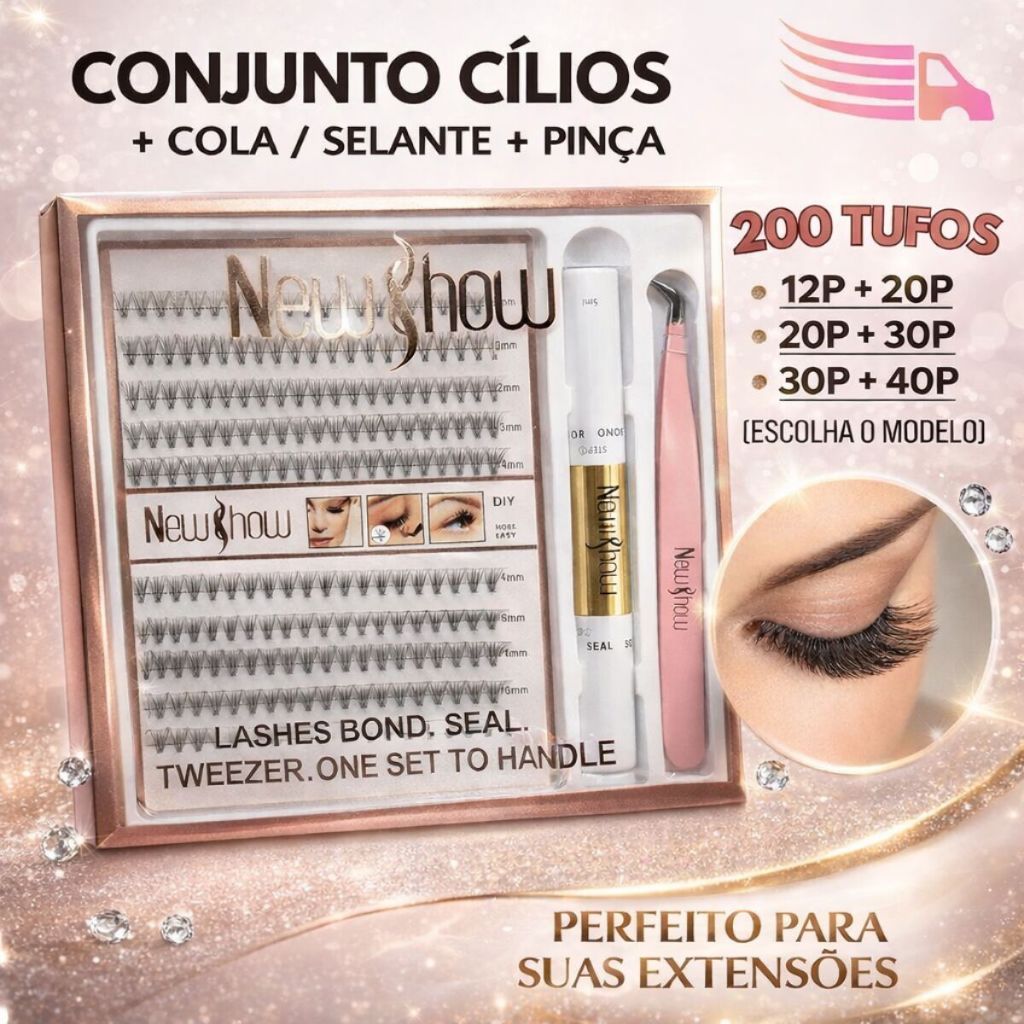 sufur Kit Completo Cílios Postiços DIY MIX 9 -14mm Cola e Selante e Pinça 12p+20p/20p+30p/30p+40p Extensão