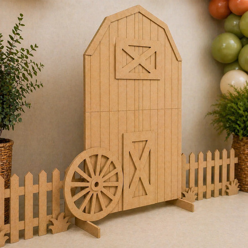 Cenário Fazendinha MDF Cru Celeiro Grande com Cercas e Roda de Carroça Kit Decorativo Festa Infantil Pegue Monte Luxo