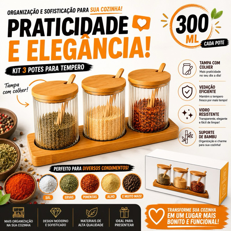 Kit Porta Tempero de Vidro 300ml cada  C/ colher, tampa e base de bamboo