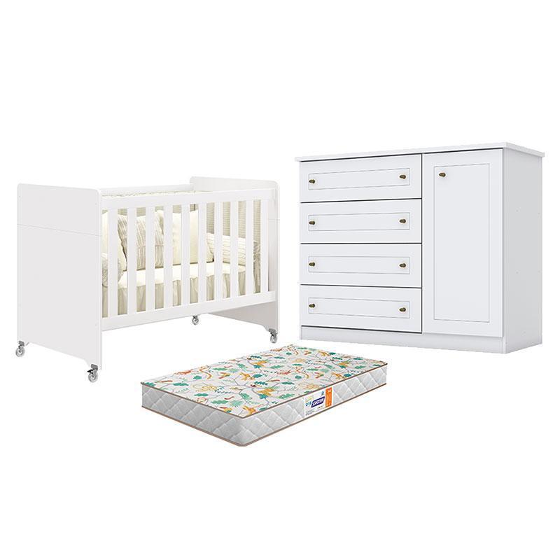 Berço Americano Evolution 4 em 1 Branco Acetinado Reller e Cômoda Americano Branco HP e Colchão Gazin - Henn