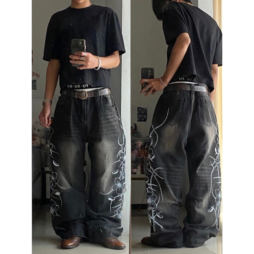 Harajuku Street Hip Hop Moda Personalizada Espiga Preta Impressa Solta Reta Jeans Lavados
