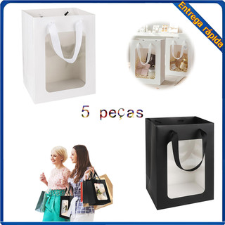 5 peças saco de presente de papel de janela transparente branco/preto Material de cartão branco (30x20x16cm)