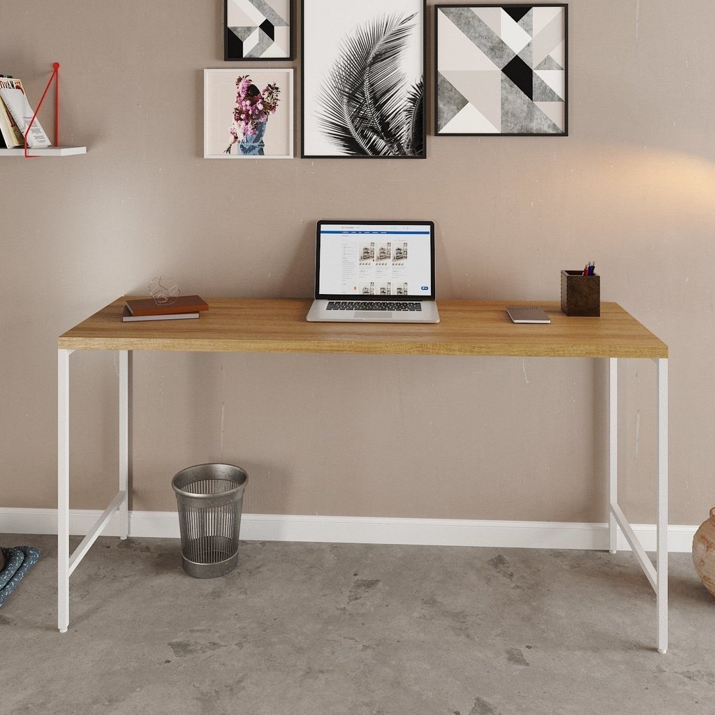 Escrivaninha Mesa Escritório Active 150cm Industrial Yescasa Marrom Lamina Mel/Branco