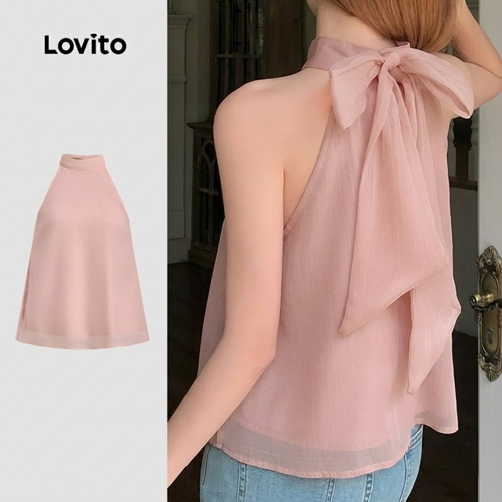 Lovito Topo Casual Dupla Camada com Honra Primavera/verão Topo Rosa para Mulheres Bordado LK4ED643