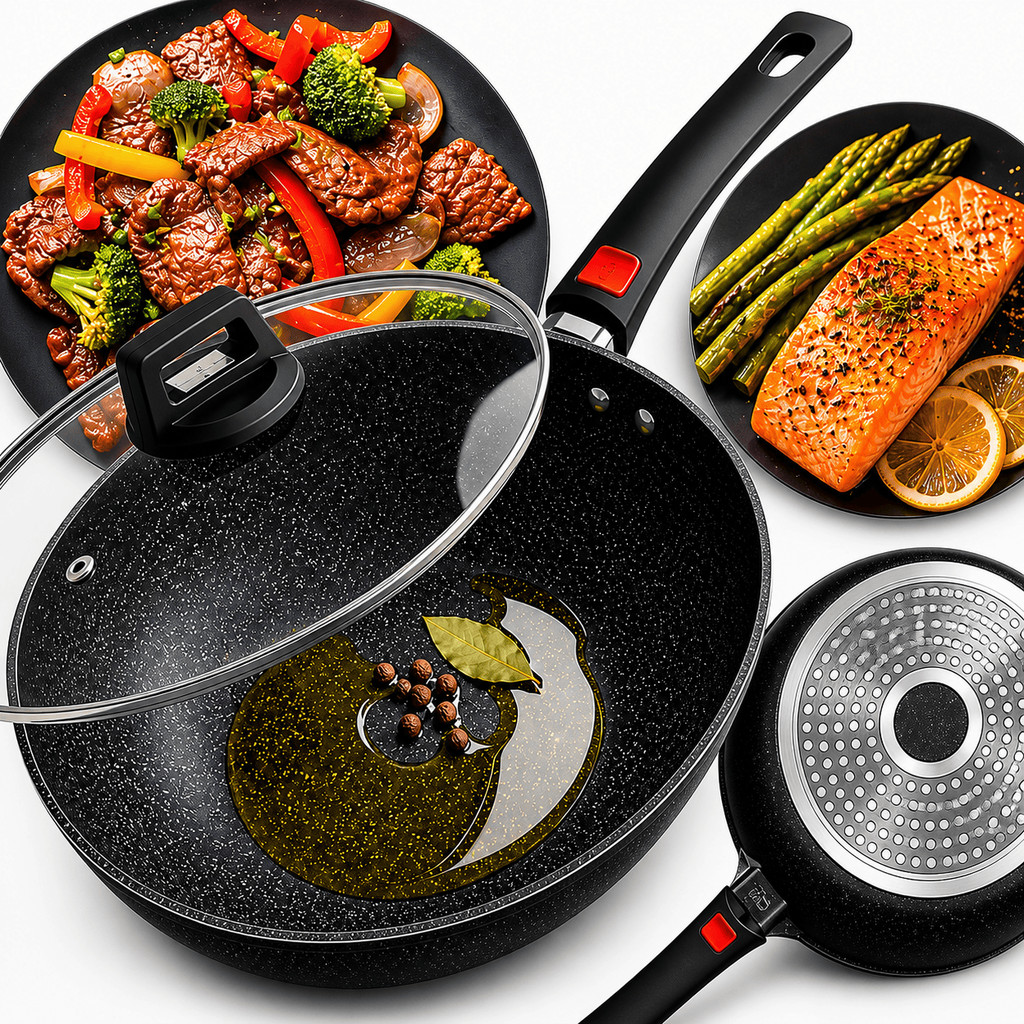 Imagem Frigideira Ceramica 24cm Wok Indução E Gás Com Tampa De Vidro Temperado E Cabo Removível Vai Ao Forno Profissional