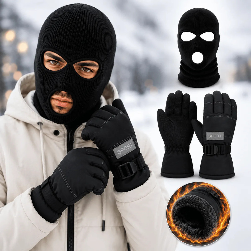 Kit Balaclava Luva Impermeável Peluciada Frio Moto Sport inverno Neve Térmica