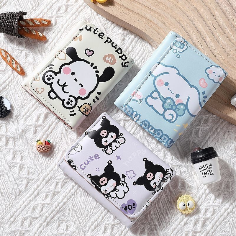 Carteira Portátil Tri-fold de PU Sanrio Kuromi Pachacco