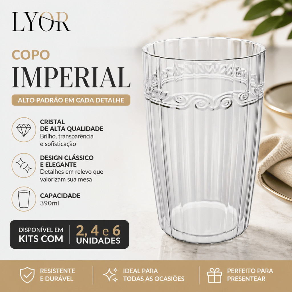Jogo 2/4/6 Copo Alto de Cristal 390ml Imperial - Lyor  / Agua Suco Bebidas Mesa Servir Elegante Luxo