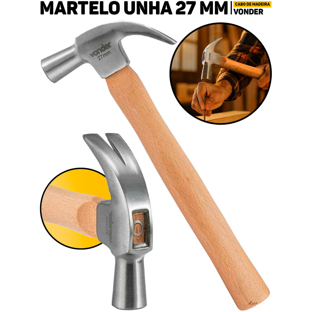 Martelo Unha 27mm Vonder Profissional Cabo Madeira P/ Obras Reformas Carpintaria