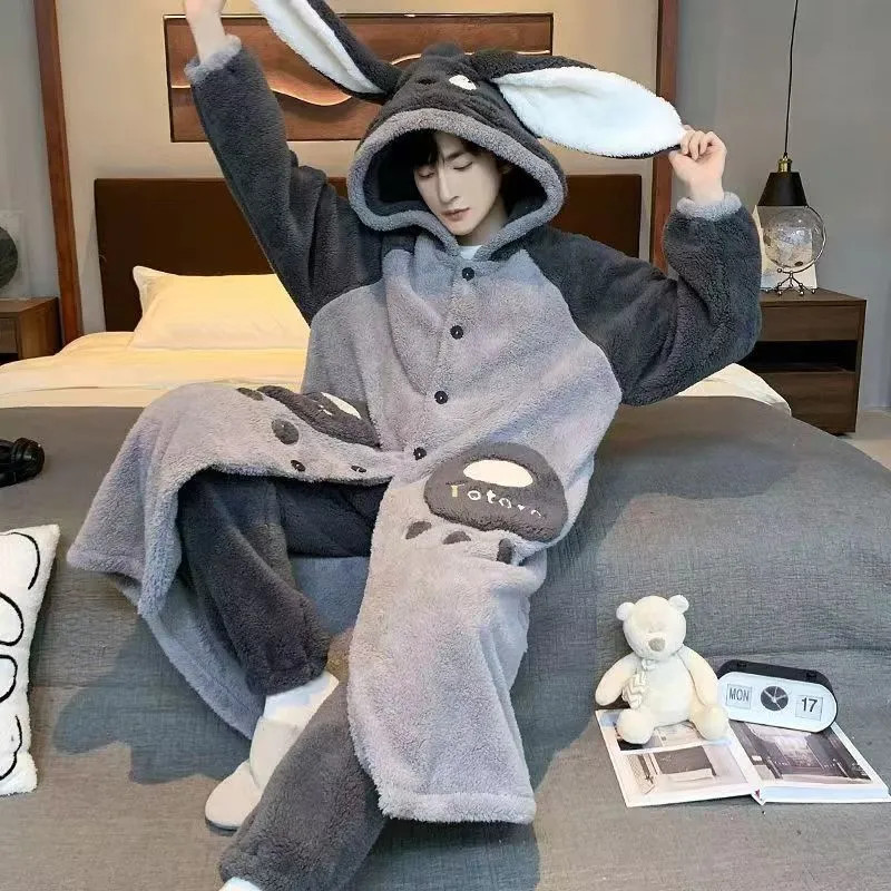[JPJ] Pijama de lã Coral My Neighbor Totoro masculino feminino mesmo estilo conjunto de roupa de casa quente, roupão de