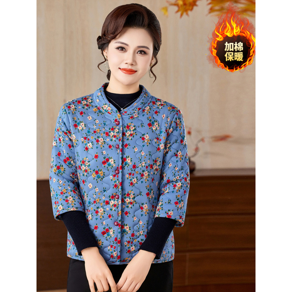 Roupas da mãe Roupas florais acolchoadas de algodão Roupas femininas para idosos de meia-idade com gola alta Roupas térm