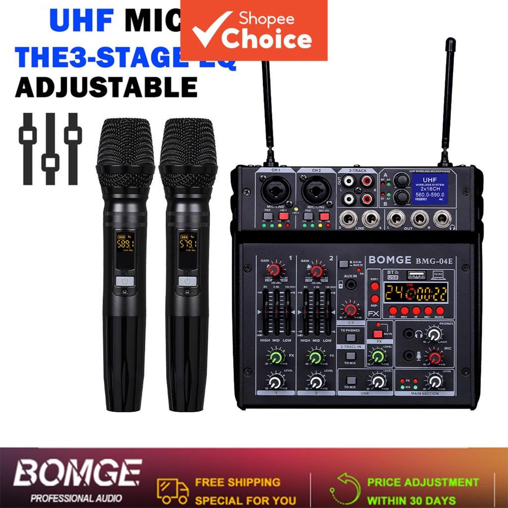 BOMGE 04E Karaokê Audio Mixer Microfones Sem Fio UHF Duplos De 4 Canais MP3 Bluetooth 48V Power Pro HiFi