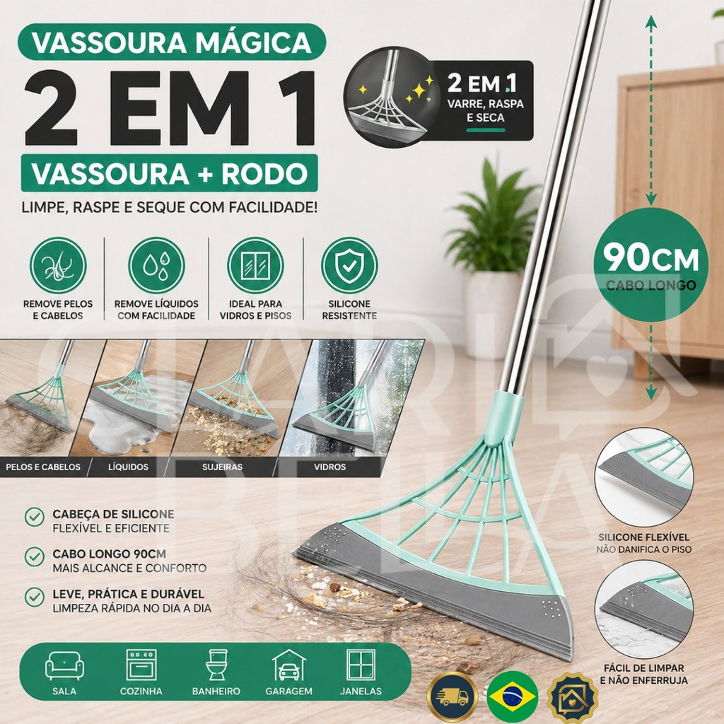 Vassoura Mágica Silicone 2 em 1 Rodo Limpa Vidro Tira Pelo Cabo 90cm Multifuncional