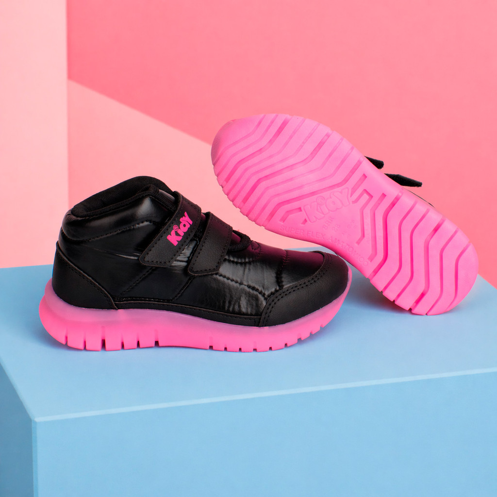Tênis Infantil Menina Kidy Ultra Flex Preto Pink Neon Cano Alto Casual Confortável Leve Anatômico