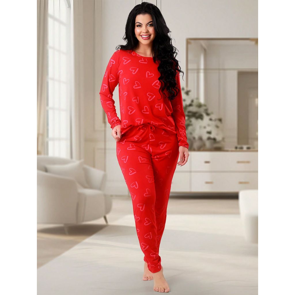 Pijama Feminino Coração de Suede Calça e Blusa Manga longa Inverno REF:PJCO