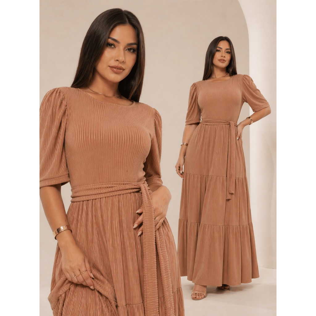 Vestido Canelado Longo Evangélico Feminino Manga Curta com Cinto Ajustável Confortável e Elegante