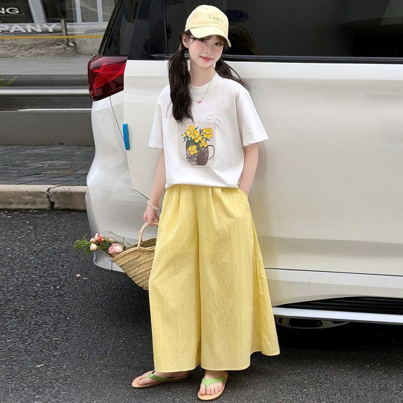Pronto estoque 120-170CM meninas camiseta de manga curta calças de perna larga terno de duas peças médio grande crianças