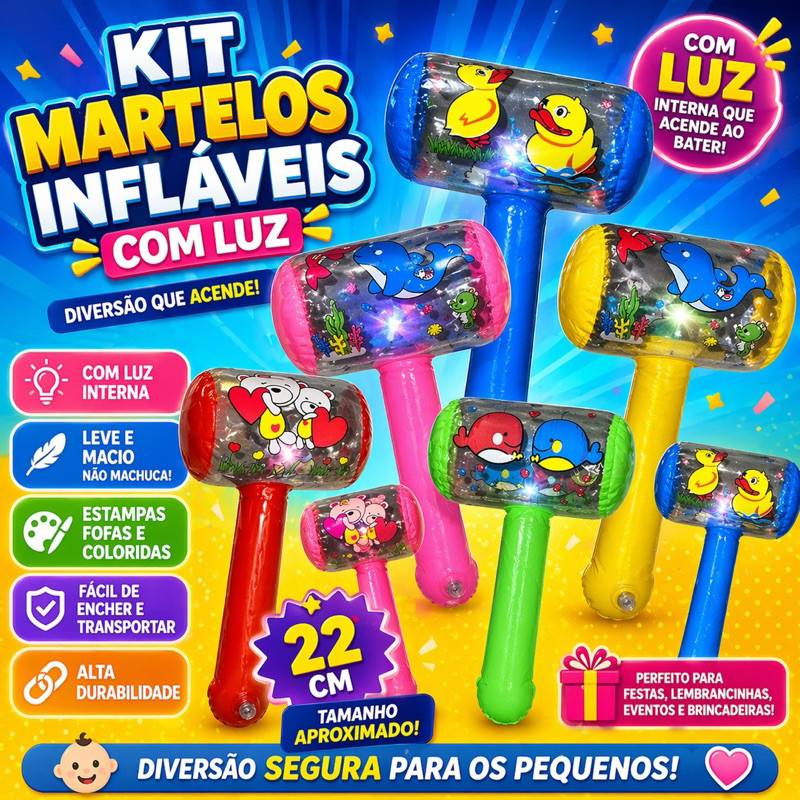 🛒✨ Kit 5 ou 10 ou 25 Martelos Infláveis 22cm com Luz flexivel interativo– Diversão Garantida! ✨🛒