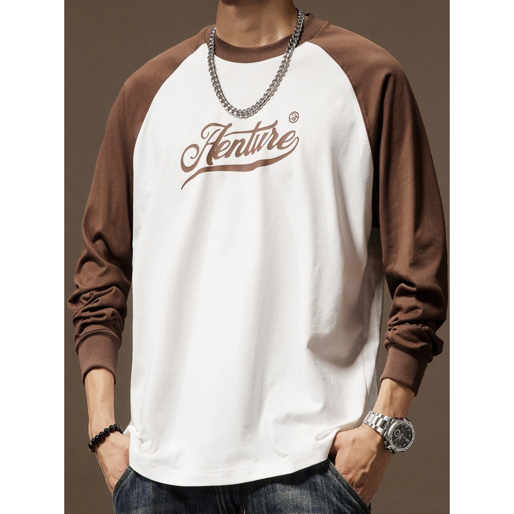 260g estilo americano contraste cor manga Raglan camiseta de manga comprida masculina primavera outono novo estilo em to