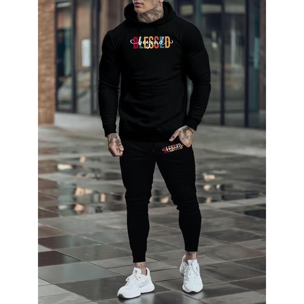 Conjunto Moletom Masculino Blessed color Blusa De Frio Canguru Bolso e Capuz + Calça Moletom Estampados Outono/Inverno