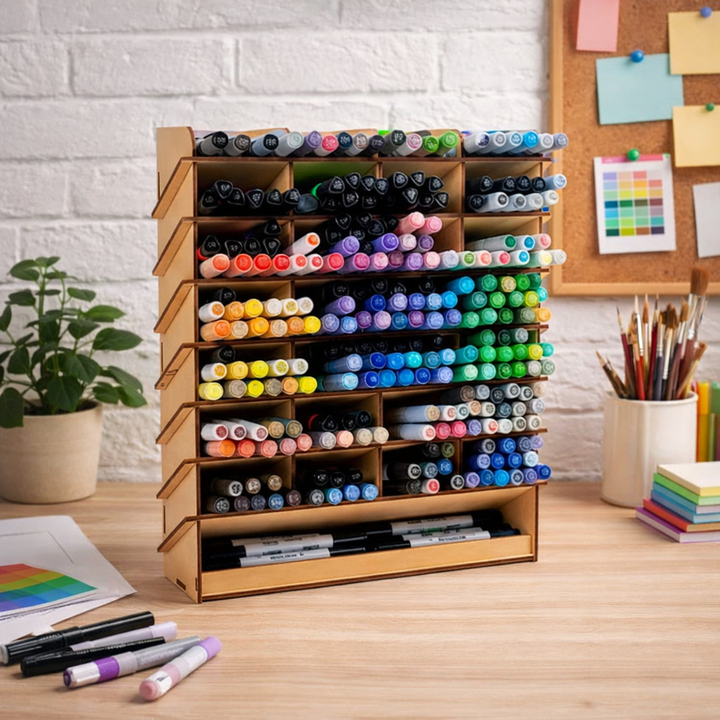 Organizador de Canetas Marcadores MDF Profissional | Suporte Canetinhas Lapis Pincel | Porta Canetas Multi Nichos