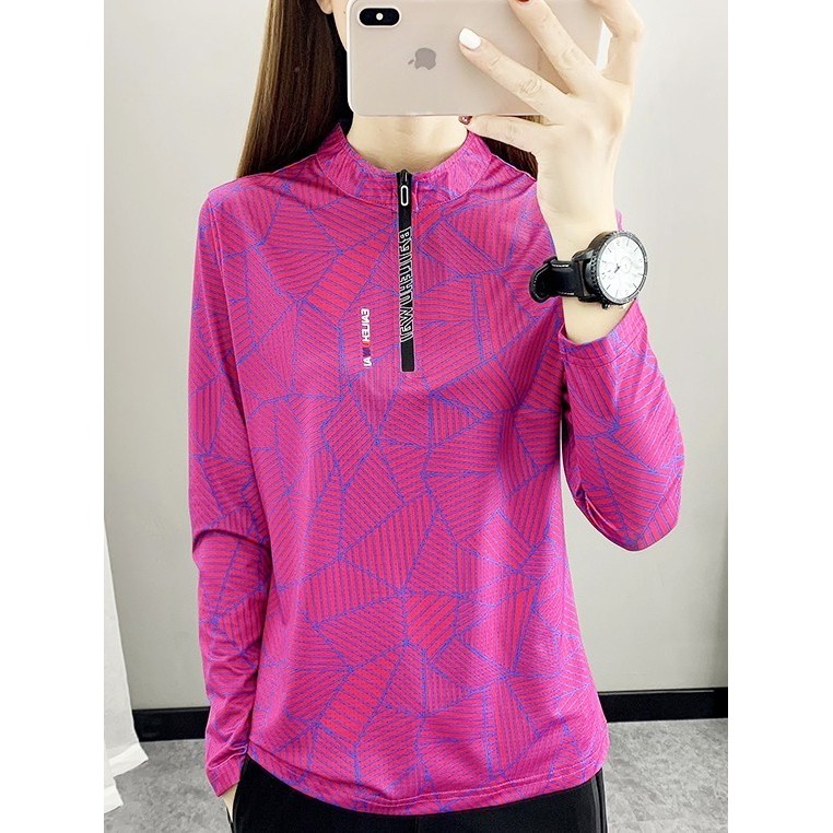 Camiseta feminina estampada de manga comprida de secagem rápida primavera outono gola alta esportes ao ar livre absorven