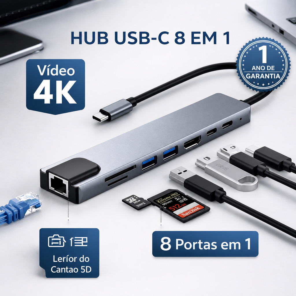 Hub Usb-c  8 Em 1 Hdmi Rj45 Sd Tf Usb 3.0 Pd Docking Station Mobilador Alumínio